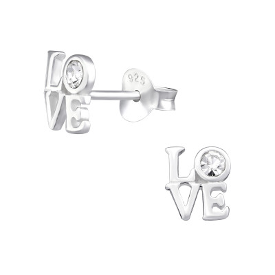 Silver Love Ear Studs with Crystal