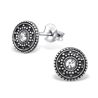 Silver Antique Round Ear Studs with Crystal