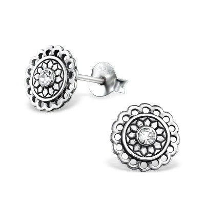 Silver Bali Round Ear Studs with Crystal