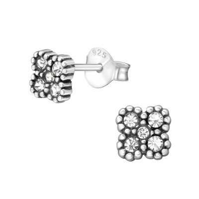 Silver Flower Ear Studs with Crystal