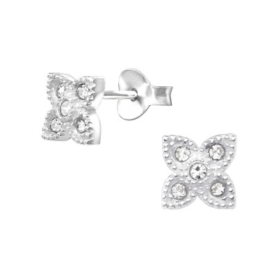 Silver Flower Ear Studs with Crystal