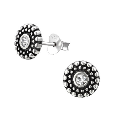 Silver Oxidized Ear Studs with Crystal