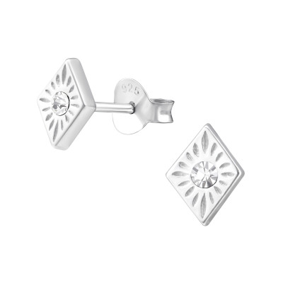 Silver Diamond Shaped Ear Studs with Crystal