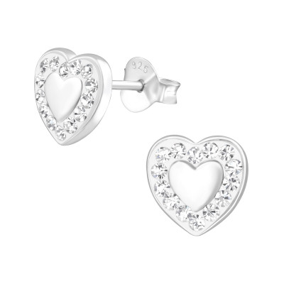 Silver Heart Ear Studs with Crystal