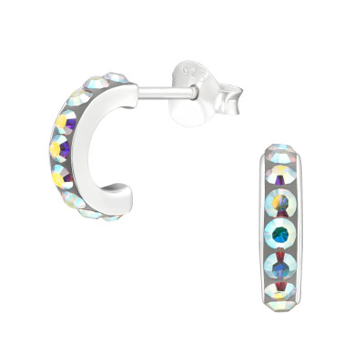 Silver Half Hoop Ear Studs with Crystal