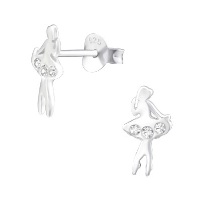 Silver Ballet Dancer Ear Studs with Crystal