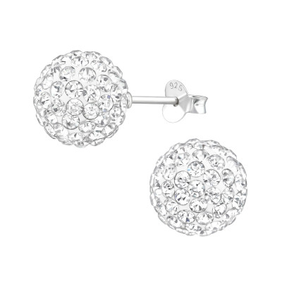 Silver Ball Ear Studs with Crystal