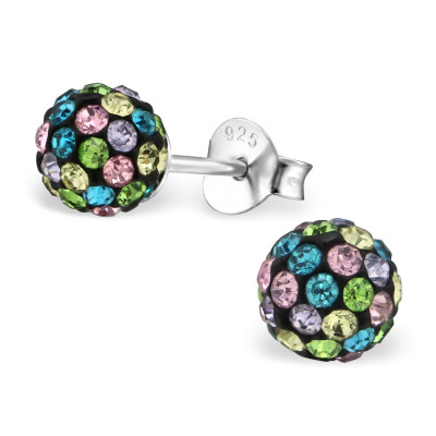 Silver Multi-Color Ball Ear Studs with Crystal