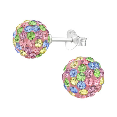 Silver Ball Ear Studs with Crystal