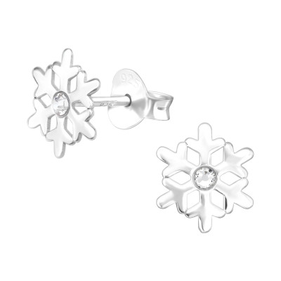 Silver Laser Cut Snowflake Ear Studs With Crystal