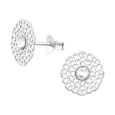 Silver Laser Cut Filigree Ear Studs with Crystal