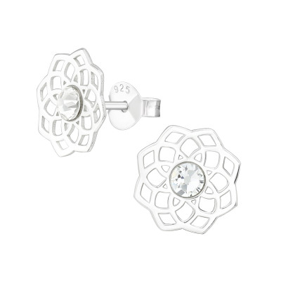 Silver Laser Cut Flower Filigree Ear Studs with Crystal