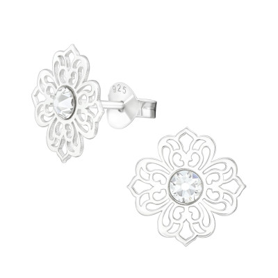 Silver Laser Cut Flower Filigree Ear Studs with Genuine European Crystals