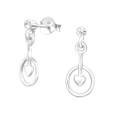 Silver Crystal Ear Studs with Hanging Heart