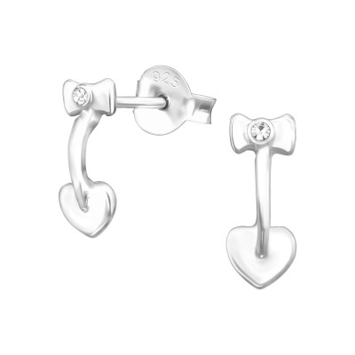 Silver Bow and Heart Ear Studs with Crystal