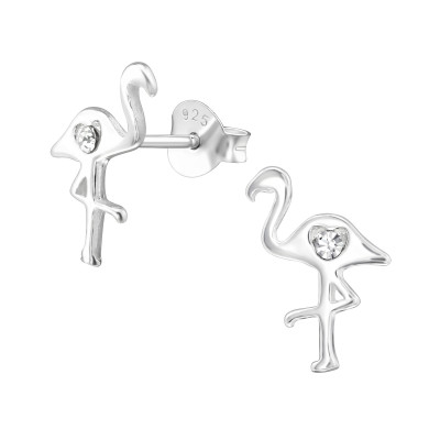 Silver Flamingo Ear Studs with Crystal