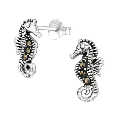 Silver Seahorse Ear Studs With Crystal