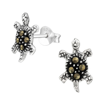 Silver Turtle Ear Studs with Crystal