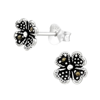 Silver Four-Leaf Clover Ear Studs with Crystal