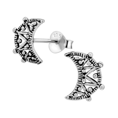 Silver Crescent Moon Crystal Ear Studs