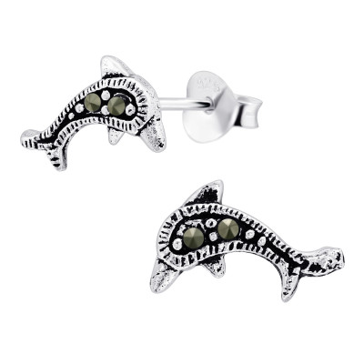 Silver Dolphin Ear Studs with Crystal