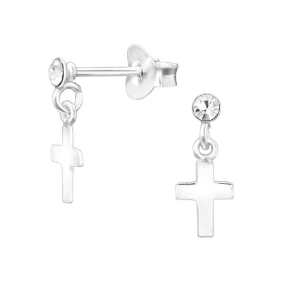 Silver Cross Ear Studs with Crystal