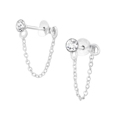 Silver Round Ear Studs with Hanging Chain and Crystal Sterling Silver Ear Studs with Crystal
