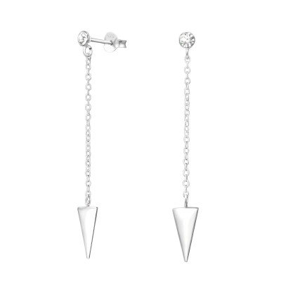 Silver Ear Studs with Hanging Triangle and Crystal