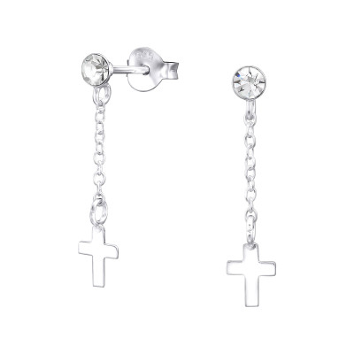 Silver Hanging Cross Ear Studs with Crystal