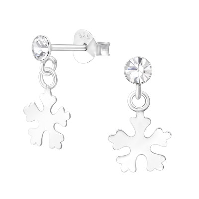 Silver Ear Studs with Hanging Snowflake and Crystal