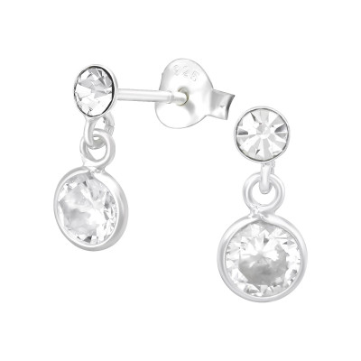 Silver Round Crystal Ear Studs with Hanging Cubic Zirconia