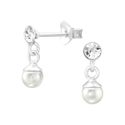 Silver Ear Studs with Crystal and Hanging Synthetic Pearl