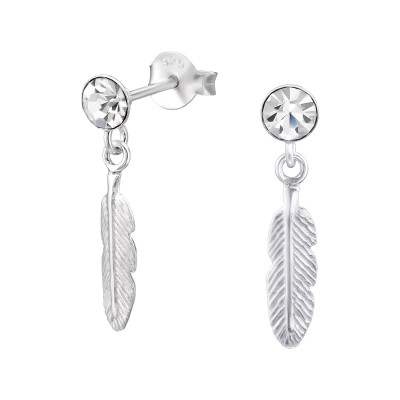 Silver Hanging Feather Ear Studs with Crystal