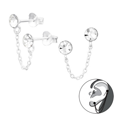 Silver Ear Studs with Hanging Chain and Crystal