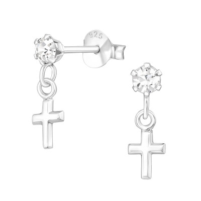 Silver Ear Studs with Crystal and Hanging Cross