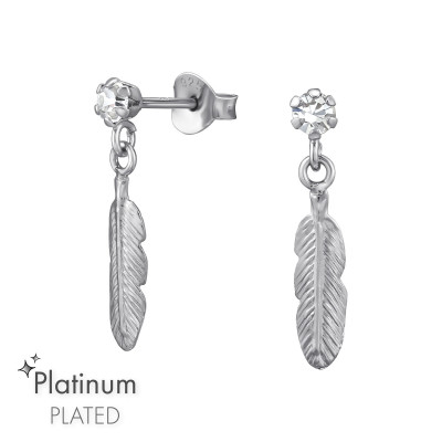 Silver Ear Studs with Hanging Feather and Crystal