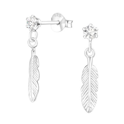 Silver Ear Studs with Hanging Feather and Crystal