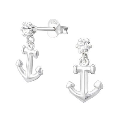 Silver Ear Studs with Hanging Anchor and Crystal