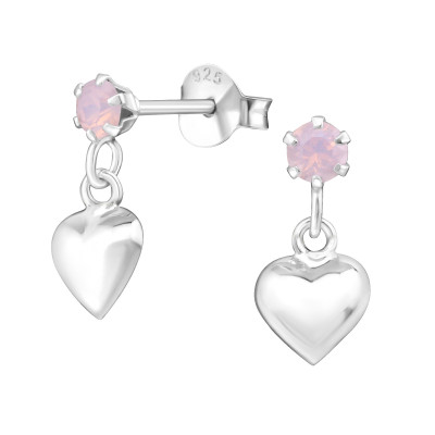 Silver Ear Studs with Hanging Heart and Crystal