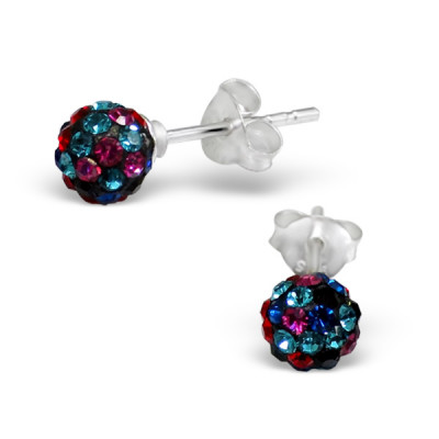 Tiny Colored Ball Sterling Silver Ear Studs with Crystal