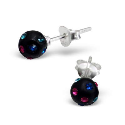 Silver Ball Ear Studs with Crystal