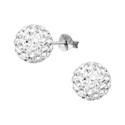 9mm Ball Sterling Silver Ear Studs with Crystal