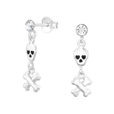 Skull and Crossbones Sterling Silver Ear Studs with Crystal and Epoxy