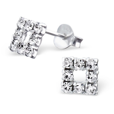 Silver Square Ear Studs with Crystal