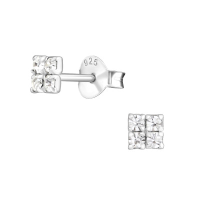 Silver Square Ear Studs with Crystal