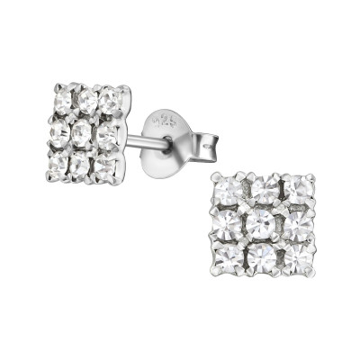 Silver Square Ear Studs with Crystal