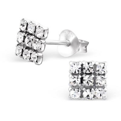 Square Sterling Silver Ear Studs with Crystal