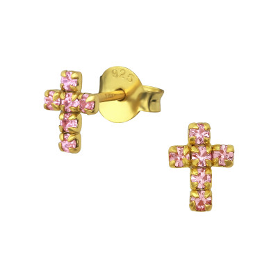 Silver Cross Ear Studs with Crystal