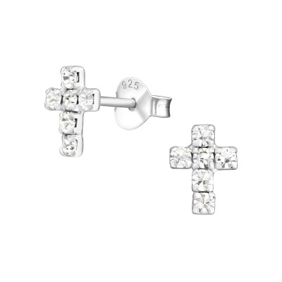 Silver Cross Ear Studs with Crystal