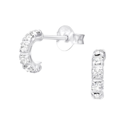 Silver Half Hoop Ear Studs with Crystal